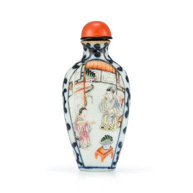 View full screen - View 1 of Lot 3006. A Famille-Rose and Underglaze-Blue 'Figures' Snuff Bottle Seal Mark and Period of Jiaqing | 清嘉慶 青花開光粉彩人物鼻煙壺 《嘉慶年製》款.