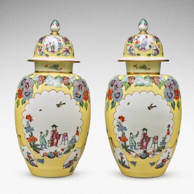 View full screen - View 1 of Lot 104. A pair of Meissen Augustus Rex yellow-ground baluster vases and covers, Circa 1735 .