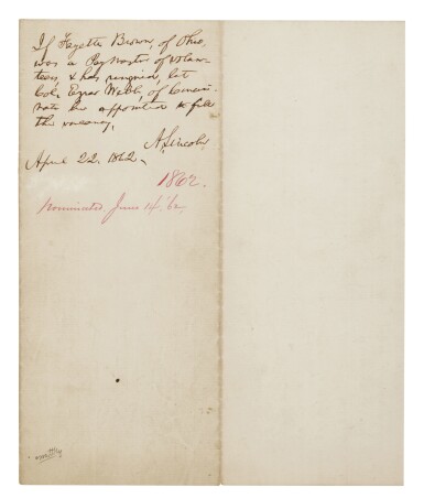 View full screen - View 1 of Lot 1028. Lincoln, Abraham | Autograph endorsement concerning the appointment of a paymaster, 1862.