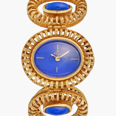 View full screen - View 1 of Lot 161. A yellow gold and lapis lazuli-set bracelet watch with lapis lazuli dial, Circa 1960.