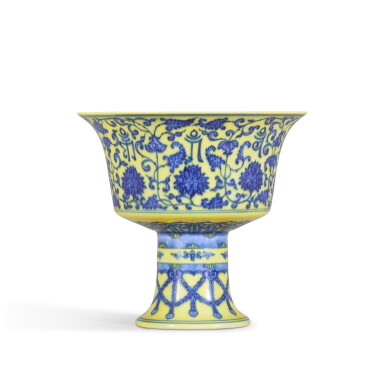 View full screen - View 1 of Lot 134. A yellow-ground underglaze-blue 'lança' stem cup, Seal mark and period of Qianlong.
