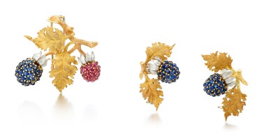 View full screen - View 1 of Lot 9155. GOLD, SAPPHIRE AND RUBY DEMI-PARURE, BUCCELLATI | K金 配 藍寶石 及 紅寶石 別針及耳環套裝, Buccellati.