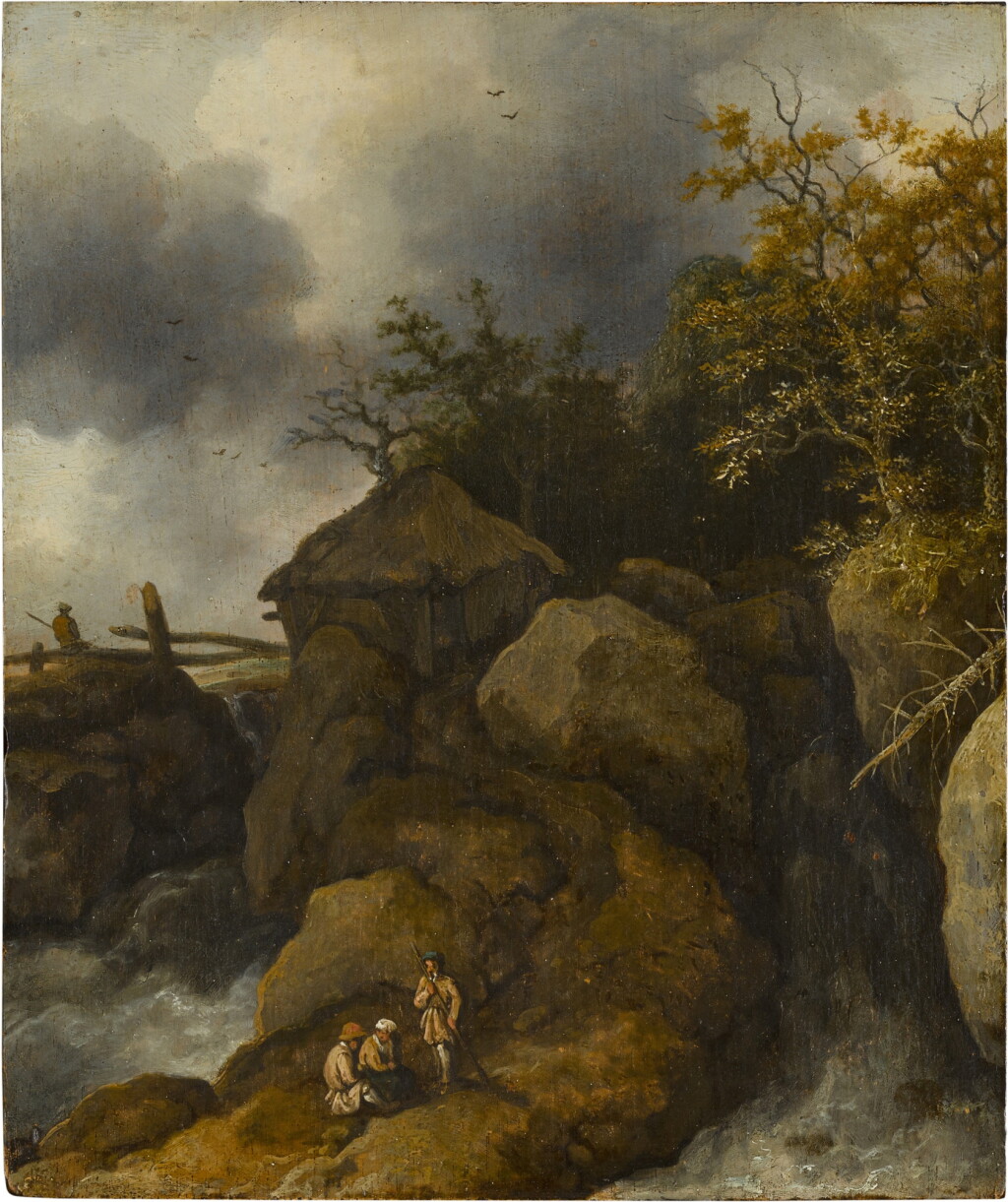 View full screen - View 1 of Lot 125. Norwegian landscape with three figures on a rocky outcrop.