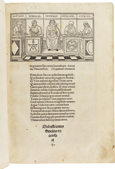 View full screen - View 1 of Lot 133. Juvenalis, Satyrae, cum quattuor commentariis, Milan, 1501, later half vellum.