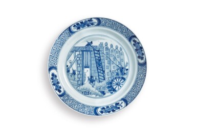View full screen - View 1 of Lot 9. A Chinese Export Blue and White 'Rotterdam Riot' Plate, Qing Dynasty, Kangxi Period, After 1690 | 清康熙 1690年以後 青花「鹿特丹之亂」圖盤 《大明成化年製》仿款.