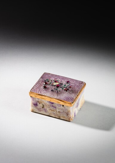 View full screen - View 1 of Lot 247. A jewelled gold and amethystine quartz snuff box, German, circa 1760 and later.