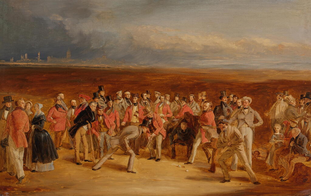 View full screen - View 1 of Lot 148. The finished sketch for The Golfers: A Grand Match played on the St. Andrews Links by Sir David Baird, Bt. and Sir Ralph Anstruther, Bt. of Balcaskie, against Major Playfair and John Campbell, Esq., of Glensaddell, in 1850.