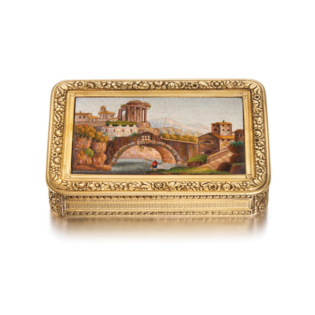 View full screen - View 1 of Lot 475. A Gold and Micromosaic Snuff Box, Charles Colins & Söhne, Hanau, Circa 1820.