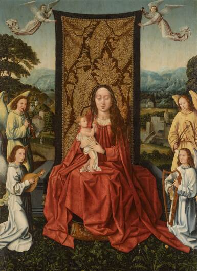 View full screen - View 1 of Lot 605. The Virgin and Child enthroned, accompanied by music-making angels, a landscape beyond.