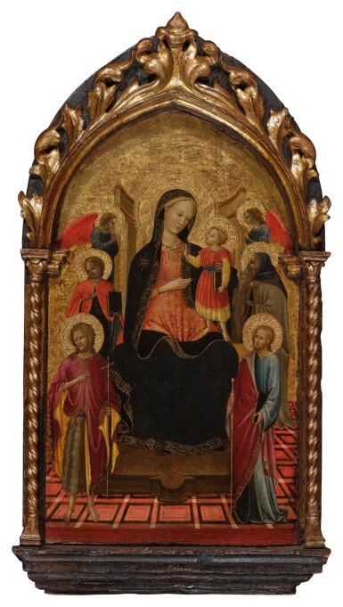 View full screen - View 1 of Lot 303. Madonna and Child with Saints John the Evangelist, John the Baptist, Anthony Abbot, and Saint James.