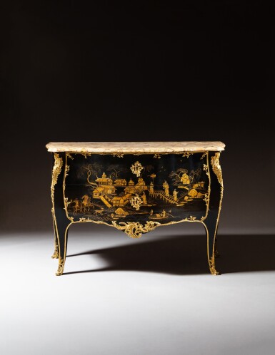 View full screen - View 1 of Lot 42. A Louis XV git-mounted black background Parisian varnished commode, circa 1765, attributed to Dubois and restored by Jean-François Leleu.
