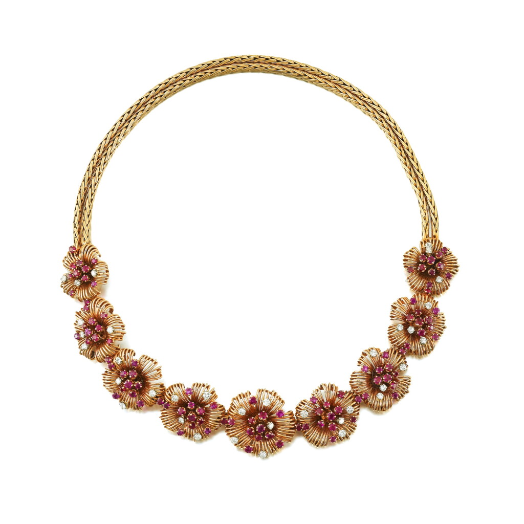 View full screen - View 1 of Lot 91. Gold, ruby and diamond necklace .