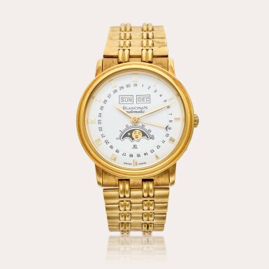 View full screen - View 1 of Lot 571. Reference 6595 Villeret | A yellow gold automatic triple calendar wristwatch with moon phases and Gay Frères bracelet, Circa 1990s.