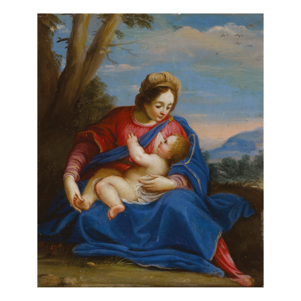 View full screen - View 1 of Lot 60. ROMAN SCHOOL, 17TH CENTURY | MADONNA DEL LATTE, IN A LANDSCAPE WITH SUNSET.