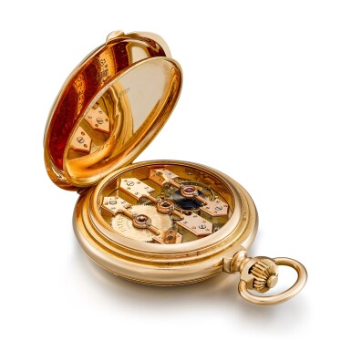 View full screen - View 1 of Lot 2285. A pink gold hunting case keyless watch with three gold bridges and enamel dial, Circa 1886 | 芝柏 | 粉紅金獵殼懷錶,備三金橋板及琺瑯錶盤,約1886年製.