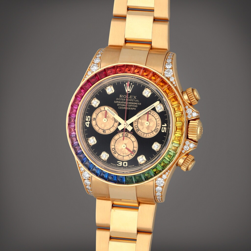全螢幕檢視 - 查看44Daytona 'Rainbow', Reference 116598RBOW | A yellow gold, diamond and multi-coloured sapphire-set chronograph wristwatch with bracelet | Circa 2012 | 勞力士 | Daytona 'Rainbow' 型號116598RBOW | 黃金、鑽石及彩色剛玉計時鏈帶腕錶,製作年份約2012的1