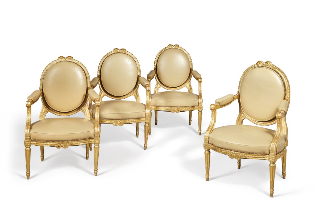 View full screen - View 1 of Lot 338. A Set of Four Louis XVI Carved Giltwood Fauteuils a la Reine, Last Quarter 18th Century.