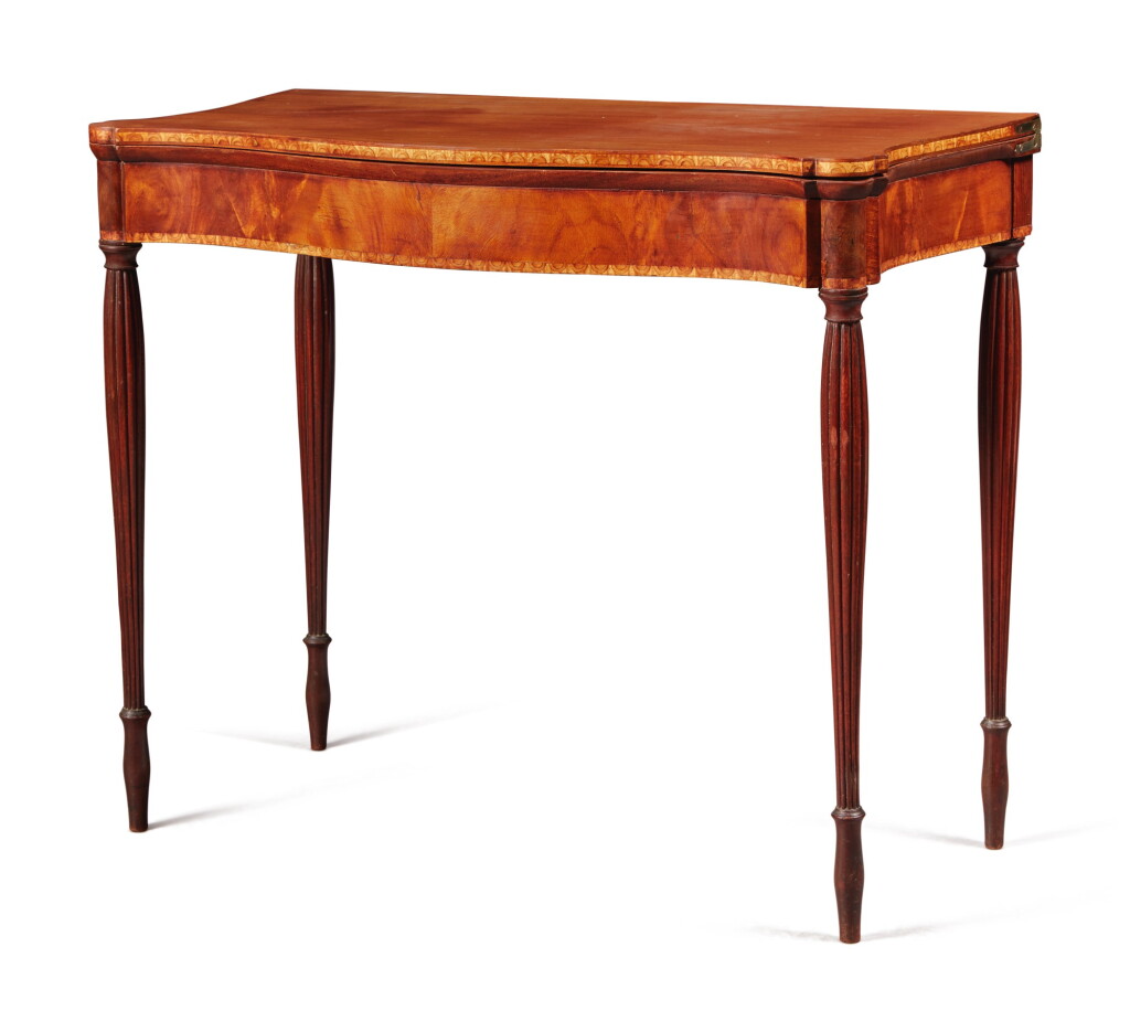 View full screen - View 1 of Lot 73. Fine Federal Inlaid Mahogany Serpentine-Front Card Table, North Shore, Massachusetts, circa 1790.