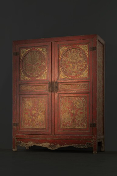 View full screen - View 1 of Lot 3855. A massive and important imperial cinnabar lacquer slip-trailed and gilt-painted ‘dragon’ cabinet, Ming dynasty | 明 朱漆底堆筋繪金龍方角大藏經櫃.