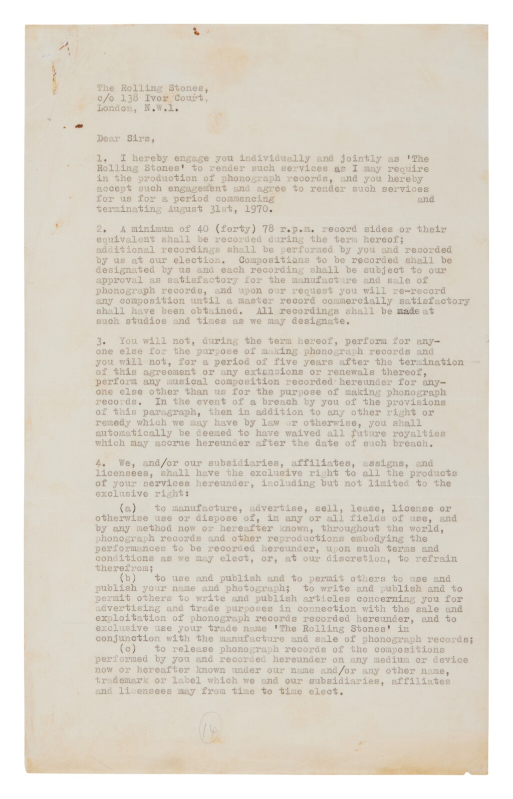 View full screen - View 1 of Lot 55. The Rolling Stones | A management contract signed by the Stones and Andrew Loog Oldham.