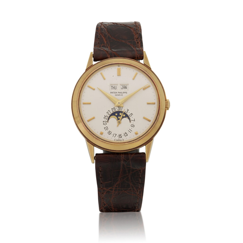 View full screen - View 1 of Lot 81. Ref. 3448, Yellow gold perpetual calendar wristwatch with moon phases Made in 1977 | 百達翡麗 | 3448型號黃金萬年曆腕錶備月相顯示,1977年製.