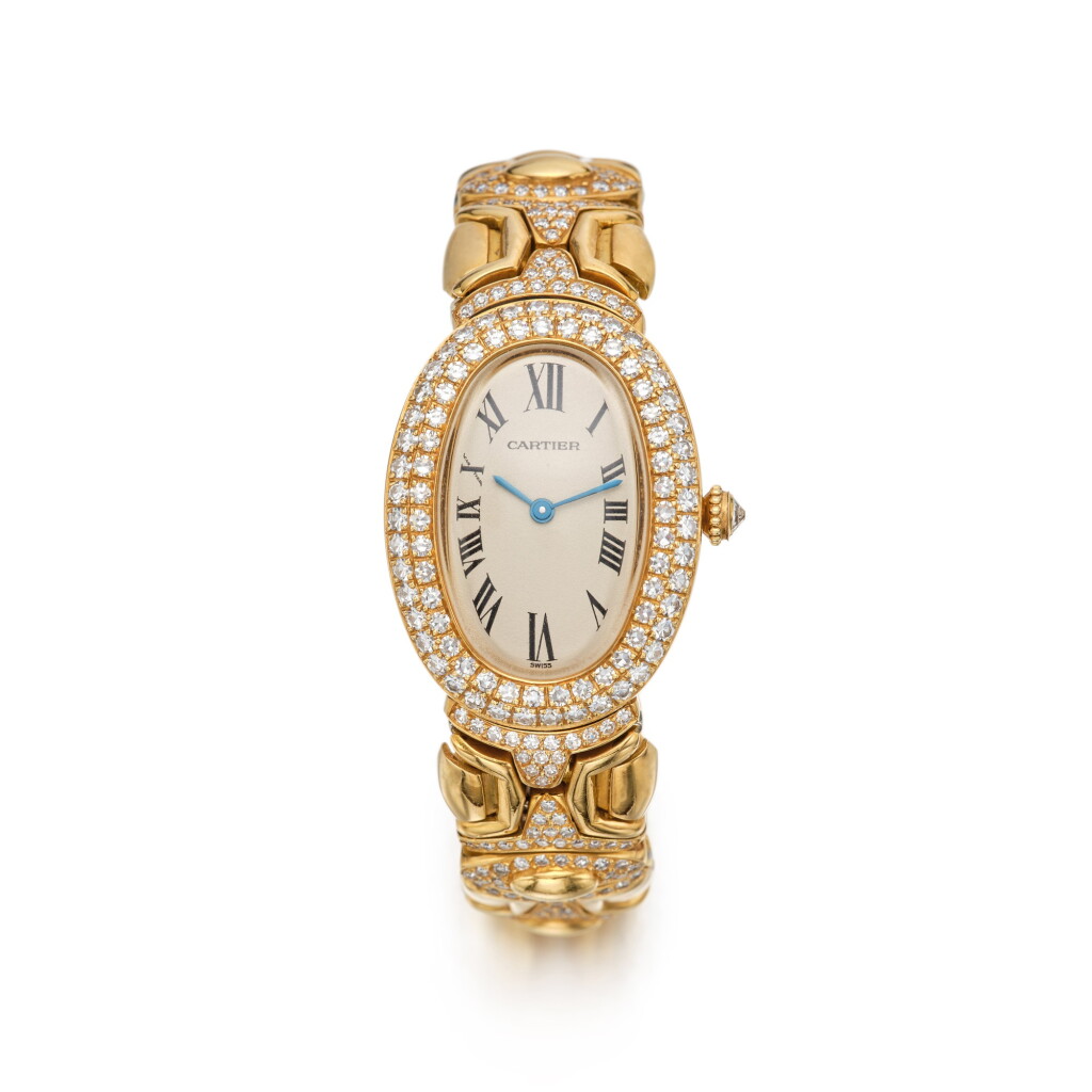 View full screen - View 1 of Lot 150. Cartier | Gold and Diamond 'Baignoire' Bracelet-Watch Combination 卡地亞 黃金鑲鑽石「Baignoire」手鏈腕錶.