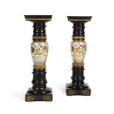 View full screen - View 1 of Lot 244. A pair of ebonised fruitwood and porcelain pedestals, the porcelain by the Zsolnay manufactory, circa 1890 | Paire de gaines en porcelaine et bois noirci, la porcelaine par la manufacture de Zsolnay, vers 1890.