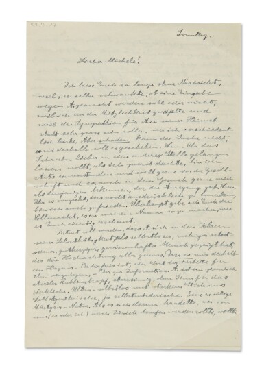 View full screen - View 1 of Lot 10. EINSTEIN, ALBERT | ALS TO MICHELLE BESSO, MENTIONING ONE OF HIS LESSER KNOWN BUT BRILLIANT DISCOVERIES, AND AUTHORIZING BESSO TO USE HIS NAME TO APPEAL FOR CLEMENCY FOR FRIEDRICH ADLER FROM THE DEATH PENALTY, 3 PP, 29 APRIL, 1917..