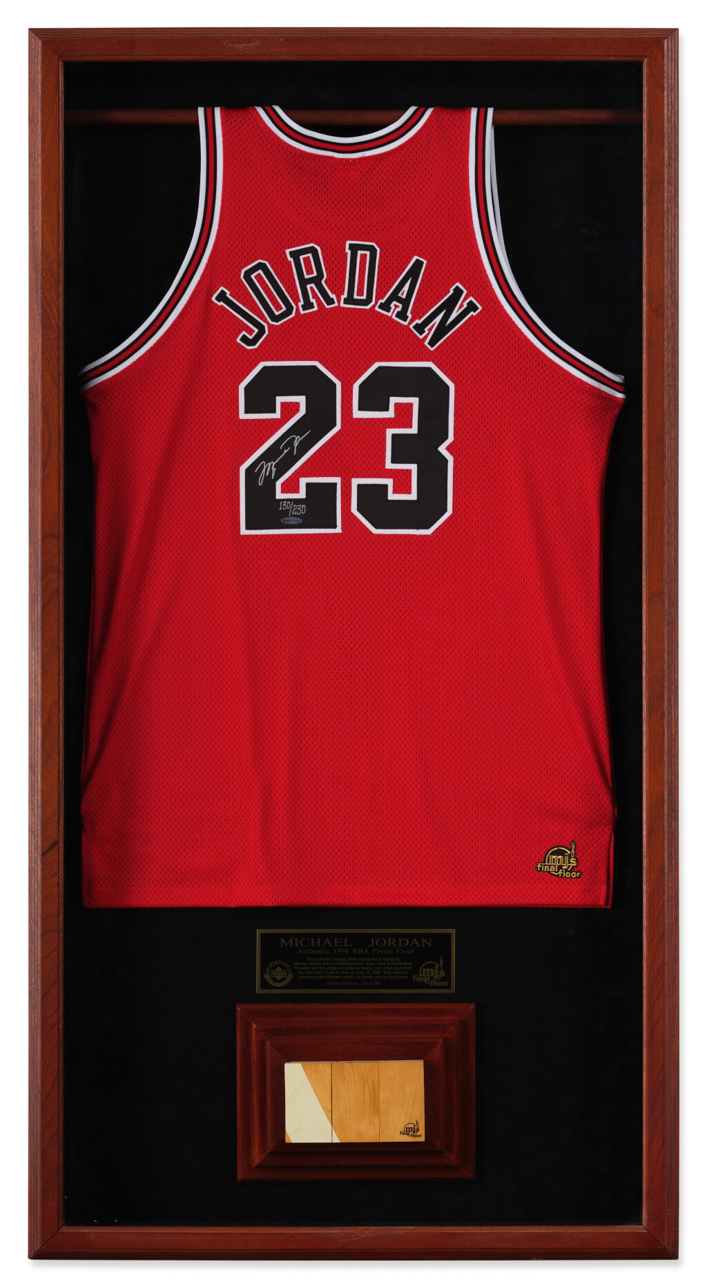 View full screen - View 1 of Lot 18. Michael Jordan 1998 Finals Game-Used Basketball Court Fragment and Signed Commemorative Chicago Bulls Jersey.