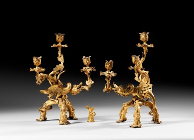 View full screen - View 1 of Lot 18. A pair of ormoulu candelabra, German, circa 1730 after a drawing by Juste-Aurèle Meissonnier (1695-1750) | Paire de candélabres aux dragons en bronze doré au mercure, travail allemand d'époque Régence vers 1730 d'après un dessin de Juste-Aurèle Meissonnier (1695-1750).