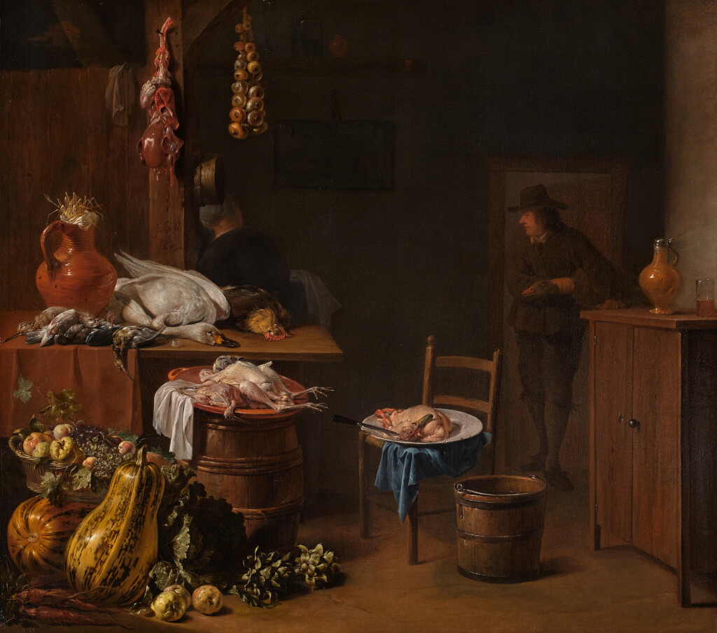 View full screen - View 1 of Lot 125. Kitchen Interior with a Maid Preparing Fruits, Vegetables, and Poultry.