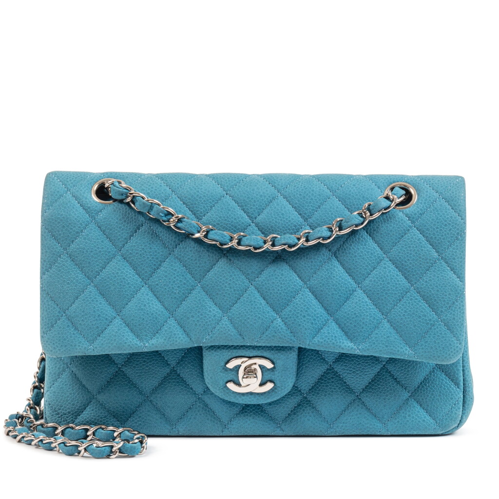 View full screen - View 1 of Lot 638. Blue Quilted Caviar Timeless Classic Double Flap Silver Hardware, 2002-03.