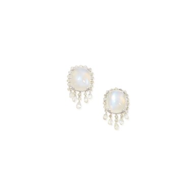 View full screen - View 1 of Lot 255. PAIR OF MOONSTONE AND DIAMOND EARCLIPS.