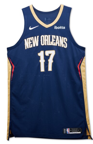 View full screen - View 1 of Lot 25. Jonas Valanciunas New Orleans Pelicans 2023-2024 Kia NBA Tip Off Game Worn Icon Edition Jersey.