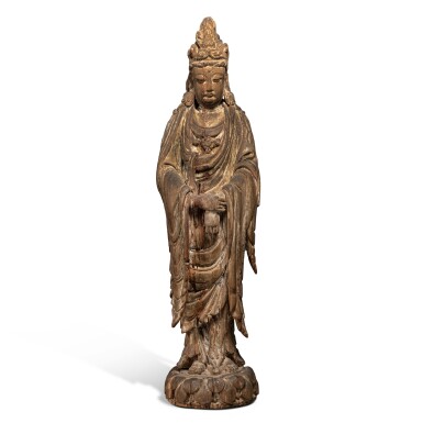 View full screen - View 1 of Lot 189. A carved polychrome wood figure of Guanyin, Jin / Yuan dynasty.
