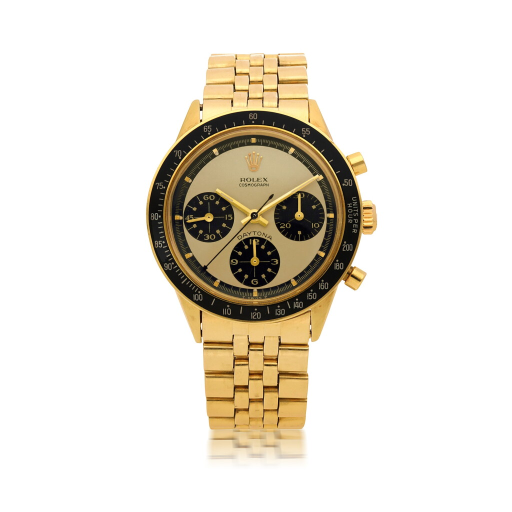 View full screen - View 1 of Lot 551. ROLEX | 'PAUL NEWMAN' DAYTONA, REF 6241, 14K YELLOW GOLD CHRONOGRAPH WRISTWATCH WITH BRACELET CIRCA 1969.
