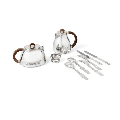 View full screen - View 1 of Lot 364. Flatware service including 12 forks, 12 knives and 6 soup spoons ; a teapot and a coffee pot | .