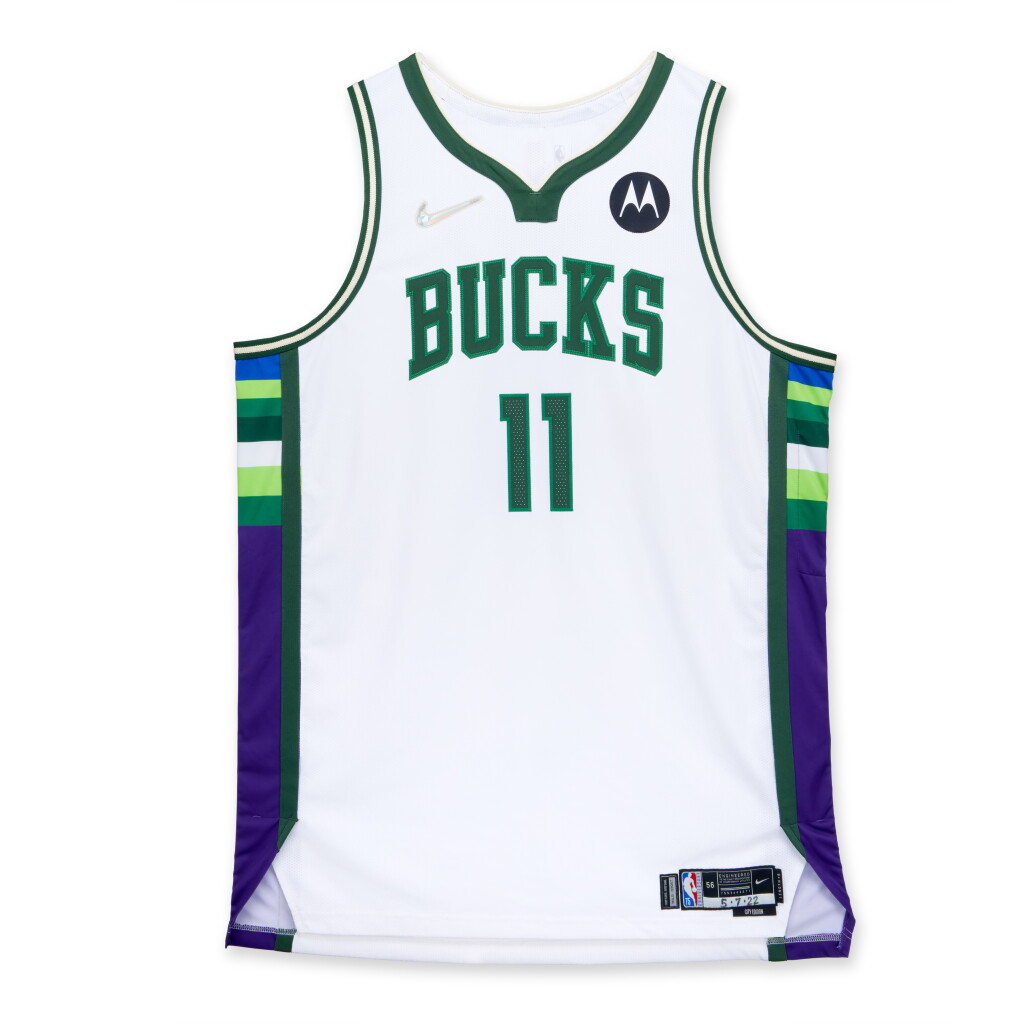 View full screen - View 1 of Lot 20. Brook Lopez Milwaukee Bucks 2021-2022 Eastern Conference Semifinals Game Worn City Edition Jersey | Double-Double .