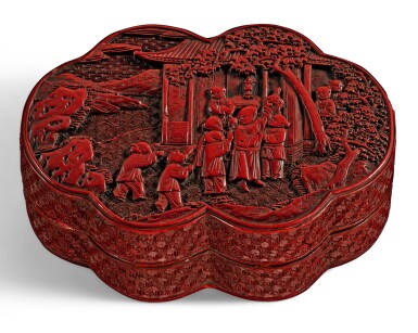 View full screen - View 1 of Lot 107. A CARVED CINNABAR LACQUER LOBED BOX AND COVER QING DYNASTY, QIANLONG PERIOD | 清乾隆 剔紅嬰戲圖蓋盒.