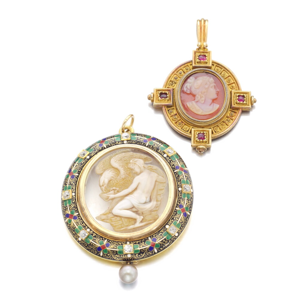 View full screen - View 1 of Lot 551. HARDSTONE AND RUBY PENDANT, CASTELLANI, AND A HARDSTONE, ENAMEL AND DIAMOND PENDANT, LAST QUARTER OF THE NINETEEN CENTURY.