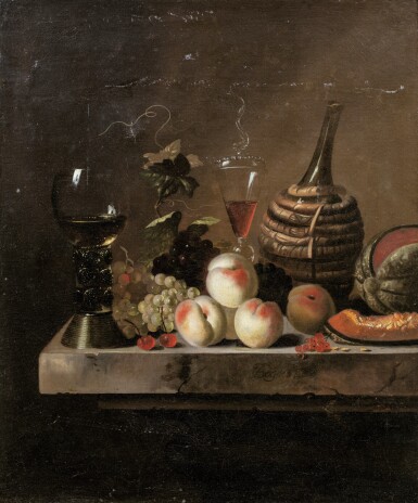 View full screen - View 1 of Lot 19. JAKOB BOGDANY | STILL LIFE WITH FRUIT, A WINE FLASK IN A BASKET AND A LARGE ROEMER.