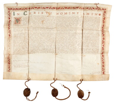 View full screen - View 1 of Lot 79. University of Padua, Large vellum document issued to Joannes Rienschovius, dated 1636, with 3 seals.
