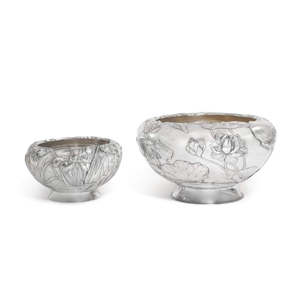 View full screen - View 1 of Lot 157. Two double-skinned Japanese silver bowls, the larger bowl Samurai Shokai, Yokohama; the smaller Miyamoto Shoko, Tokyo, early 20th century.