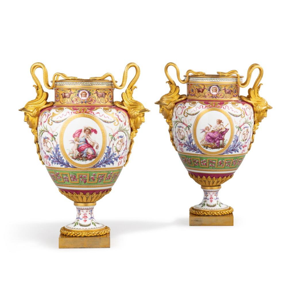 View full screen - View 1 of Lot 54. A pair of gilt-bronze mounted hard paste Sèvres porcelain 'arabesques' vases, the porcelain by Pierre-André Leguay after designs by Jean-Jacques Lagrenée, the mounts Louis XVI, circa 1785-1786, attributed to Pierre-Philippe Thomire.