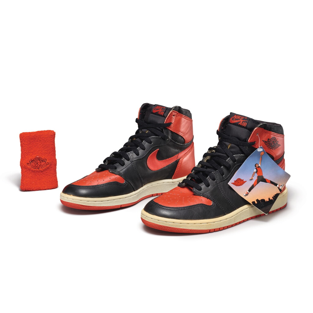 View full screen - View 1 of Lot 7. Peter Moore | ‘Bred’ Nike Air Jordan 1 High OG (1985) | Size 11.5.