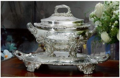 View full screen - View 1 of Lot 21. A REGENCY SILVER TWO-HANDLED SOUP TUREEN, COVER, STAND, AND LINER, PHILIP RUNDELL FOR RUNDELL, BRIDGE AND RUNDELL, LONDON, 1819.