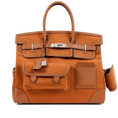 View full screen - View of Limited Edition Marron d’Inde Swift and Gold Toile Goeland Canvas Cargo Birkin 35 Palladium Hardware, 2023.