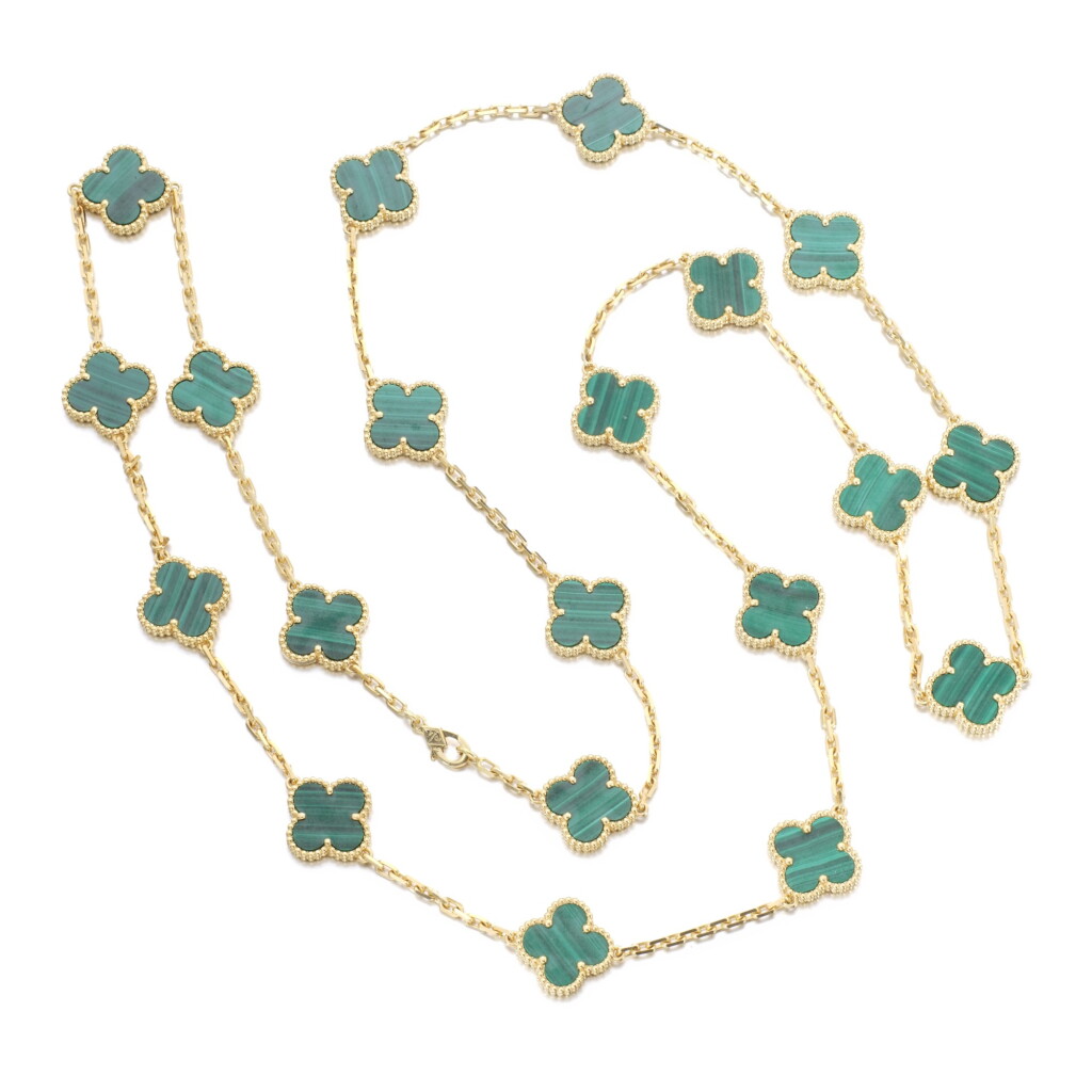 View full screen - View 1 of Lot 456. VAN CLEEF & ARPELS | GOLD AND MALACHITE SAUTOIR, 'ALHAMBRA'.