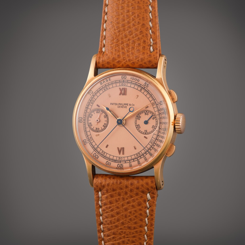 View full screen - View 1 of Lot 102. Reference 1436 | A rare pink gold split seconds chronograph wristwatch with pink dial, Made in 1940.