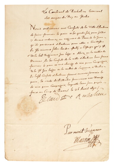 View full screen - View 1 of Lot 110. RICHELIEU, Cardinal | Document signed ("De Richelieu"), as General of the Army, about the conquest of Savoy, 1630.